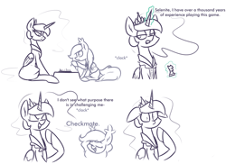 Size: 2328x1692 | Tagged: safe, artist:moonatik, part of a set, nightmare moon, oc, oc:selenite, alicorn, bat pony, pony, new lunar millennium, g4, alternate hairstyle, alternate timeline, bat pony oc, chess, chess piece, chessboard, clothes, comic, dialogue, dress, female, jewelry, limited palette, mare, missing accessory, nightmare takeover timeline, simple background, sketch, surprised, tiara