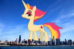 Size: 1500x1000 | Tagged: safe, artist:cheezedoodle96, artist:thegiantponyfan, edit, fire flare, pony, unicorn, g4, chicago, female, giant pony, giant unicorn, giantess, highrise ponies, illinois, irl, macro, mare, mega giant, photo, ponies in real life