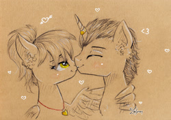 Size: 2894x2039 | Tagged: safe, artist:lailyren, oc, oc only, pegasus, pony, unicorn, ear fluff, heart, heart eyes, high res, hug, jewelry, kissing, male, pendant, ponytail, ring, stallion, wingding eyes, winghug, wings