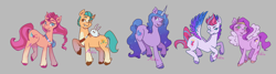 Size: 4724x1272 | Tagged: safe, artist:michinart, hitch trailblazer, izzy moonbow, pipp petals, sunny starscout, zipp storm, earth pony, pegasus, pony, unicorn, g5, my little pony: a new generation, blushing, critter magnet, female, gray background, grin, high res, looking at you, male, mane five, mare, open mouth, open smile, raised hoof, simple background, smiling, smiling at you, spread wings, stallion, wings