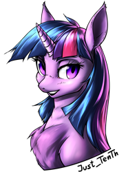 Size: 1100x1500 | Tagged: safe, artist:just_tenth, twilight sparkle, pony, unicorn, collaboration:too many twilight, g4, bust, chest fluff, female, looking at you, mare, portrait, simple background, solo, transparent background