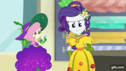 Size: 640x360 | Tagged: safe, screencap, fluttershy, rarity, equestria girls, equestria girls series, g4, holidays unwrapped, o come all ye squashful, spoiler:eqg series (season 2), animated, cornucopia costumes, duo, duo female, female, gif, gifs.com, inflatable, inflatable dress, inflating, reference, show accurate, skirt inflation