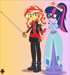 Size: 1226x1326 | Tagged: safe, artist:jcpcb, artist:jcpreactyt, sci-twi, sunset shimmer, twilight sparkle, equestria girls, g4, clothes, crown, dress, duo, duo female, female, gradient background, hair, holding hands, jewelry, lesbian, long dress, long skirt, lovers, ponytail, protector, regalia, relationship, ship:sci-twishimmer, ship:sunsetsparkle, shipping, show accurate, skirt, smiling, soldier, suit, sword, weapon