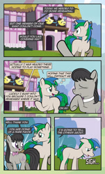 Size: 1920x3169 | Tagged: safe, artist:alexdti, beauty brass, octavia melody, oc, oc:star logic, earth pony, pony, unicorn, comic:quest for friendship, g4, black mane, black tail, comic, dialogue, eye contact, eyes closed, female, green eyes, grin, horn, looking at each other, looking back, male, mare, onomatopoeia, open mouth, open smile, outdoors, pointing, purple eyes, raised hoof, smiling, speech bubble, stallion, standing, tail, theater, thought bubble, two toned mane, two toned tail, underhoof, unicorn oc
