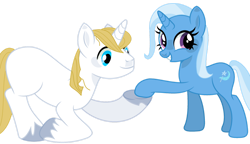 Size: 1280x739 | Tagged: safe, artist:santi0095, prince blueblood, trixie, pony, unicorn, g4, duo, female, grin, male, mare, ship:bluetrix, shipping, show accurate, simple background, smiling, stallion, straight, transparent background