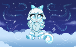 Size: 3452x2160 | Tagged: safe, artist:confetticakez, oc, oc only, oc:snowdrop, pegasus, pony, blushing, bow, chest fluff, clothes, cloud, eyebrows, eyebrows visible through hair, female, filly, floppy ears, hair bow, high res, open mouth, open smile, pegasus oc, sitting, smiling, snow, snowflake, socks, solo, spread wings, striped socks, wind, wings