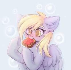 Size: 1246x1224 | Tagged: safe, artist:arisuyukita, derpy hooves, pegasus, pony, g4, blushing, bread, bubble, ear fluff, eating, female, food, herbivore, jam, mare, mouth hold, solo, spread wings, toast, wings