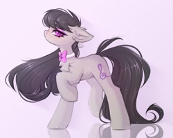 Size: 2094x1677 | Tagged: safe, artist:arisuyukita, octavia melody, earth pony, pony, g4, bow, chest fluff, ear fluff, female, floppy ears, looking at you, mare, reflection, side view, simple background, solo