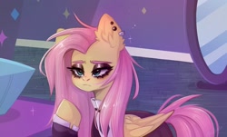 Size: 1852x1121 | Tagged: safe, artist:arisuyukita, fluttershy, pegasus, pony, fake it 'til you make it, g4, my little pony: friendship is magic, ear fluff, eyeshadow, female, fluttergoth, lidded eyes, makeup, solo