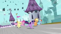 Size: 1280x720 | Tagged: safe, screencap, applejack, fluttershy, pinkie pie, rainbow dash, rarity, twilight sparkle, changeling, earth pony, pegasus, pony, unicorn, a canterlot wedding, g4, season 2, canterlot, chase, cloud, day, female, flag, flapping wings, flying, frown, insect wings, mane six, mare, running, sky, speed lines, spread wings, unicorn twilight, wings