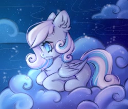 Size: 1480x1264 | Tagged: safe, artist:arisuyukita, oc, oc only, oc:snowdrop, pegasus, pony, chest fluff, cloud, ear fluff, feather, female, filly, lying down, on a cloud, pegasus oc, side view, snow, snowfall, snowflake, solo