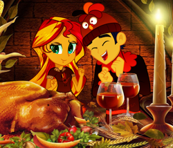 Size: 1280x1097 | Tagged: safe, alternate version, artist:fofurastro, flash sentry, sunset shimmer, bird, turkey, equestria girls, g4, cooked, drink, female, holiday, male, ship:flashimmer, shipping, straight, thanksgiving