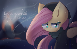 Size: 2500x1600 | Tagged: safe, artist:miryelis, fluttershy, pegasus, pony, frostpony, g4, clothes, costume, crying, fire, frostpunk, generator, hat, snow, solo, teary eyes, text, wind