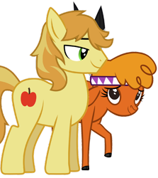 Size: 1280x1434 | Tagged: safe, artist:santi0095, braeburn, little strongheart, bison, buffalo, earth pony, pony, g4, female, green eyes, lidded eyes, male, ship:braeheart, shipping, show accurate, simple background, smiling, stallion, standing, straight, tail, transparent background, two toned mane, two toned tail