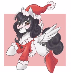 Size: 1772x1889 | Tagged: safe, artist:beyond_inside, oc, oc only, oc:marie, pegasus, pony, christmas, clothes, cute, female, filly, happy, hat, holiday, looking at you, santa hat, smiling, socks, solo, spread wings, wings