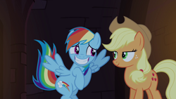 Size: 1920x1080 | Tagged: safe, screencap, applejack, rainbow dash, earth pony, pegasus, pony, castle mane-ia, g4, season 4, applejack's hat, cowboy hat, duo, embarrassed, female, flying, freckles, grin, hat, looking at each other, looking at someone, mare, nervous, nervous smile, smiling, spread wings, stetson, wings