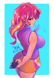 Size: 1400x2000 | Tagged: safe, artist:sozglitch, sunset shimmer, human, ass, big breasts, breasts, bunset shimmer, busty sunset shimmer, butt, cellphone, clothes, floating heart, heart, humanized, lidded eyes, looking at you, looking back, looking back at you, looking over shoulder, phone, skirt, smartphone, smiling, smiling at you, solo, waving