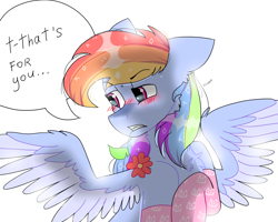 Size: 2560x2048 | Tagged: safe, artist:valkiria, rainbow dash, pegasus, pony, g4, blushing, clothes, cute, dashabetes, eyebrows, eyebrows visible through hair, flower, frown, high res, mouth hold, shiny mane, simple background, socks, solo, speech bubble, spread wings, talking, talking to viewer, tsunderainbow, tsundere, white background, wings