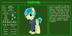 Size: 11720x6000 | Tagged: safe, artist:cheezedoodle96, artist:php170, edit, sandbar, earth pony, pony, fallout equestria, g4, bio, clothes, cute, cutie mark, fallout, fallout equestria: character guide, happy, jumpsuit, looking at you, male, pipboy, reference sheet, s.p.e.c.i.a.l., sandabetes, smiling, smiling at you, solo, teenager, vault suit, vector