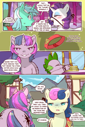 Size: 960x1440 | Tagged: safe, artist:cold-blooded-twilight, bon bon, lyra heartstrings, rarity, spike, sweetie drops, twilight sparkle, dragon, earth pony, pony, unicorn, cold blooded twilight, comic:cold storm, g4, alternate hairstyle, blushing, both cutie marks, butt, comic, dialogue, eyepatch, eyes closed, eyeshadow, female, glowing, glowing eyes, makeup, mare, plot, sash, shivering, speech bubble, sweat, thought bubble, twibutt, wide hips