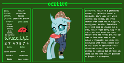 Size: 11720x6000 | Tagged: safe, artist:cheezedoodle96, artist:php170, edit, ocellus, changedling, changeling, fallout equestria, g4, bio, clothes, crossed legs, cute, cuteling, diaocelles, fallout, fallout equestria: character guide, female, jumpsuit, looking at you, pipboy, reference sheet, s.p.e.c.i.a.l., shy, smiling, solo, vault suit, vector