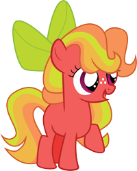 Size: 6066x7569 | Tagged: safe, artist:shootingstarsentry, oc, oc only, oc:apple breeze, earth pony, pony, absurd resolution, bow, earth pony oc, female, filly, foal, freckles, full body, hair bow, multicolored mane, multicolored tail, offspring, open mouth, open smile, parent:big macintosh, parent:sugar belle, parents:sugarmac, raised hoof, show accurate, simple background, smiling, solo, standing, tail, transparent background