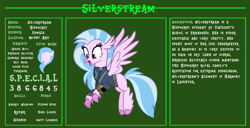 Size: 11720x6000 | Tagged: safe, artist:php170, silverstream, classical hippogriff, hippogriff, fallout equestria, g4, bio, claws, clothes, cute, diastreamies, fallout, fallout equestria: character guide, female, flying, full body, happy, jewelry, jumpsuit, necklace, open mouth, pipboy, reference sheet, s.p.e.c.i.a.l., spread wings, vault suit, vector, wings