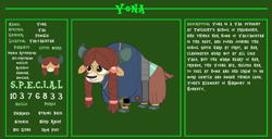 Size: 11720x6000 | Tagged: safe, artist:php170, yona, yak, fallout equestria, g4, bio, clothes, cloven hooves, cute, fallout, fallout equestria: character guide, female, jumpsuit, pipboy, reference sheet, s.p.e.c.i.a.l., solo, vault suit, vector, yonadorable