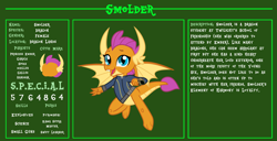 Size: 11720x6000 | Tagged: safe, artist:php170, smolder, dragon, fallout equestria, g4, bio, claws, clothes, cute, dragon wings, dragoness, dragons wearing clothes, fallout, fallout equestria: character guide, female, flying, happy, jumpsuit, looking at you, open mouth, pipboy, reference sheet, s.p.e.c.i.a.l., smiling, smiling at you, smolderbetes, solo, teenaged dragon, teeth, vault suit, wings