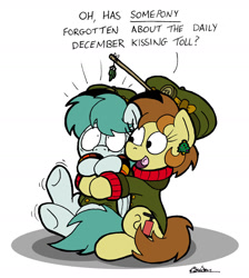 Size: 1024x1145 | Tagged: safe, artist:bobthedalek, oc, oc only, oc:bubble pump, oc:clippy ticket, earth pony, pegasus, pony, comic:trottingham transport, clothes, ear piercing, earring, hat, hearth's warming eve, jacket, jewelry, mistletoe, panic, piercing, sweater, this will end in kisses