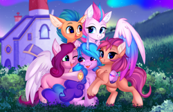 Size: 1342x869 | Tagged: safe, artist:pesty_skillengton, hitch trailblazer, izzy moonbow, pipp petals, sunny starscout, zipp storm, earth pony, pegasus, pony, unicorn, g5, my little pony: a new generation, aurora borealis, blurry background, chest fluff, cute, ear fluff, eyebrows, eyebrows visible through hair, female, grass, grass field, heart, heart eyes, hoof heart, lighthouse, male, mane five, mare, one eye closed, open mouth, open smile, smiling, stallion, underhoof, upside-down hoof heart, wingding eyes