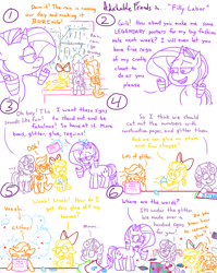 Size: 4779x6013 | Tagged: safe, artist:adorkabletwilightandfriends, apple bloom, rarity, scootaloo, sweetie belle, earth pony, pegasus, pony, unicorn, comic:adorkable twilight and friends, g4, adorkable friends, arts and crafts, back, back of head, bored, bow, cloud, comic, concerned, cutie mark crusaders, destruction, disaster, female, filly, funny, glitter, glowing, glowing horn, glue, happy, horn, humor, levitation, lying down, magic, magic aura, mess, numbers, overboard, paper, rain, sequins, silly, sitting, slice of life, smiling, sneeze cloud, sneezing, sniffing, squeezing, stuck, stuck together, telekinesis, window