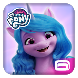 Size: 1400x1400 | Tagged: safe, alternate version, gameloft, izzy moonbow, pony, unicorn, g5, my little pony: a new generation, bust, cute, fake, female, game, izzybetes, logo, looking at you, mare, my little pony logo, open mouth, open smile, simple background, smiling, smiling at you, solo, transparent background