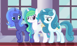 Size: 2252x1342 | Tagged: safe, artist:noctivage, princess celestia, princess luna, queen chrysalis, pony, unicorn, g4, base used, canterlot castle, fanfic, female, siblings, sisters, smiling, species swap, students, trio, trio female, unicorn chrysalis, walking, worried, young celestia, young luna
