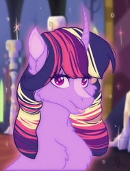 Size: 2603x3418 | Tagged: safe, artist:noctivage, twilight sparkle, alicorn, pony, unicorn, g4, :p, blaze (coat marking), bust, canterlot castle, castle, chest fluff, coat markings, colored pupils, curved horn, eye clipping through hair, eyelashes, facial markings, fanart, female, fluffy, glowing, heart eyes, high res, horn, looking at you, mare, princess, purple eyes, smiling, smiling at you, solo, sparkly eyes, tongue out, twilight sparkle (alicorn), wingding eyes