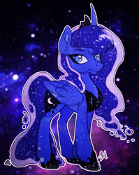 Size: 493x618 | Tagged: safe, artist:noctivage, princess luna, alicorn, pony, g4, colored pupils, ear fluff, ethereal mane, eyebrows, female, folded wings, horn, looking at you, mare, marker drawing, night, royalty, solo, starry mane, traditional art, wings