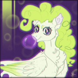 Size: 3977x3971 | Tagged: safe, artist:noctivage, surprise, pegasus, pony, g1, g4, adoraprise, bubble, bubblegum, cheek fluff, chest fluff, chewing gum, cute, ear fluff, eyebrows, fanart, female, fluffy, food, g1 to g4, generation leap, glowing, glowing eyes, green mane, gum, high res, looking at you, mare, purple background, purple eyes, simple background, smiling, smiling at you, solo, white coat, wing fluff, wings
