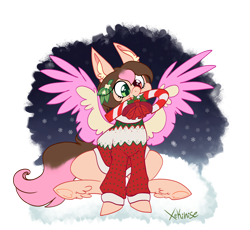 Size: 3800x3500 | Tagged: safe, artist:xekinise, oc, oc only, pegasus, pony, candy, candy cane, christmas, clothes, commission, food, heterochromia, high res, holiday, simple background, sitting, solo, sweater, transparent background, ych result