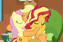 Size: 526x352 | Tagged: safe, artist:queenderpyturtle, edit, edited screencap, screencap, applejack, fluttershy, sunset shimmer, pony, unicorn, g4, applejack gets all the mares, appleshyset, cuddling, female, lesbian, ot3, polyamory, ship:appleshimmer, ship:appleshy, shipping