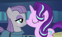 Size: 948x570 | Tagged: safe, artist:queenderpyturtle, edit, edited screencap, screencap, maud pie, starlight glimmer, earth pony, pony, g4, female, kissing, lesbian, shipping, starmaud