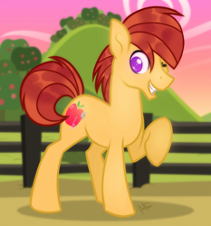 Size: 1790x1922 | Tagged: safe, artist:noctivage, oc, oc only, oc:orchard crisp, earth pony, pony, apple, apple tree, blurry background, colored pupils, farm, fence, food, grin, hill, looking at you, male, one eye closed, outdoors, raised hoof, short tail, sky, smiling, smiling at you, solo, stallion, tail, tree, wink, winking at you