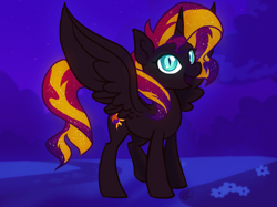 Size: 4267x3200 | Tagged: safe, alternate version, artist:noctivage, sunset shimmer, alicorn, pony, equestria girls, g4, alicornified, alternate design, female, high res, mare, narrowed eyes, night, nightmare, nightmare sunset, nightmarified, open mouth, open smile, race swap, shimmercorn, slit pupils, smiling, solo, spread wings, wings