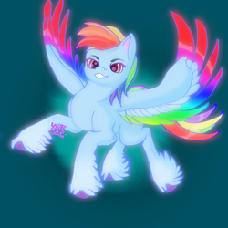 Size: 3000x3000 | Tagged: safe, artist:umbrapone, part of a set, rainbow dash, pegasus, pony, g4, g5, my little pony: a new generation, abstract background, colored wings, dark background, faic, feathered fetlocks, flying, g4 to g5, generation leap, high res, multicolored wings, purple hooves, smug, smugdash, solo, unshorn fetlocks, wings