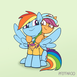 Size: 2048x2048 | Tagged: safe, artist:pfeffaroo, color edit, edit, rainbow dash, scootaloo, pegasus, pony, g4, baseball cap, cap, clothes, colored, cute, cutealoo, dashabetes, duo, duo female, female, filly, hat, high res, looking at each other, mare, ponies riding ponies, rainbow dash's cutie mark, riding, scootaloo riding rainbow dash, scootalove, shirt, sibling love, signature, simple background, sisterly love, sitting, smiling, smiling at each other, spread wings, t-shirt, wings