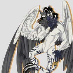 Size: 4000x4000 | Tagged: safe, artist:junne catt, oc, oc:izulu musa, hippogriff, anthro, anthro oc, ear piercing, earring, golden eyes, hippogriff oc, jewelry, piercing, ring, solo, tail, tail ring, wings