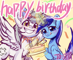 Size: 1200x989 | Tagged: safe, artist:xi wen, minuette, oc, oc:concentric rings, pegasus, pony, unicorn, g4, birthday, birthday cake, cake, candle, chinese, duo, female, food, glowing, glowing horn, happy birthday, hat, horn, male, party hat, teeth