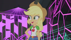 Size: 3410x1920 | Tagged: safe, screencap, applejack, constructive criticism, constructive criticism: photo finish, equestria girls, g4, my little pony equestria girls: better together, applejack's hat, belt, clothes, cowboy hat, cutie mark, cutie mark on clothes, denim skirt, female, geode of super strength, hand on hip, hat, high res, jewelry, magical geodes, necklace, open mouth, open smile, skirt, smiling, solo