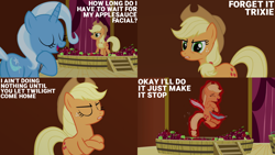 Size: 1280x720 | Tagged: safe, edit, edited screencap, editor:quoterific, screencap, applejack, trixie, earth pony, pony, unicorn, g4, magic duel, season 3, apple, applejack's hat, cowboy hat, crossed hooves, double negative, evil trixie, eyes closed, feather, female, food, hat, laughing, magic, mare, open mouth, open smile, ponyville town hall, smiling, telekinesis, tickling