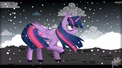 Size: 3264x1836 | Tagged: safe, artist:herusann, twilight sparkle, alicorn, pony, g4, bags under eyes, eye clipping through hair, eyebrows, eyebrows visible through hair, female, frown, high res, horn, mare, outdoors, raised hoof, snow, snowfall, solo, twilight sparkle (alicorn), wings