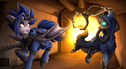 Size: 4755x2615 | Tagged: safe, artist:buvanybu, oc, oc only, oc:dusk blade, oc:gear works, bat pony, cyborg, cyborg pony, earth pony, pony, armor, augmentation, augmented, augmented tail, bat pony oc, clothes, crossover, danger, duo, duo male, earth pony oc, explosion, fanfic art, goggles, gun, male, night vision goggles, robe, robotic arm, running, servo arm, tail, techpriest, warhammer (game), warhammer 40k, weapon